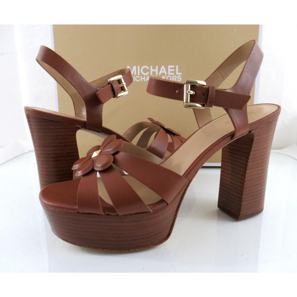 Michael Kors Size 9 Nellie Platform High Heels Sandals Leather Luggage Tan - Picture 4 of 9